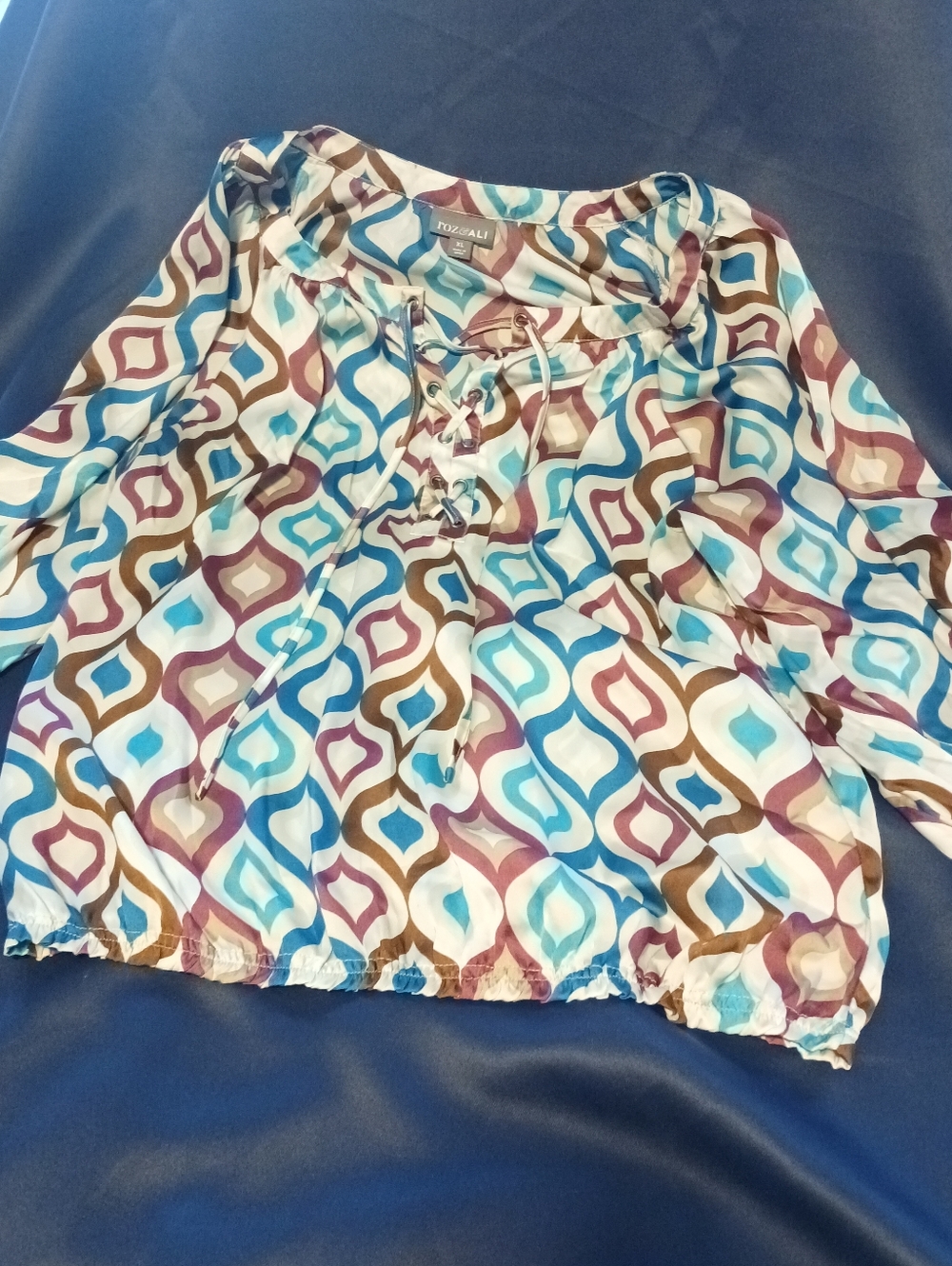 Geometric Print Tunic Top in Teal, Purple, Brown and White